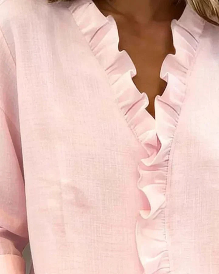 Indie | Women's Relaxed Ruffled V-Neck Blouse with Long Sleeves