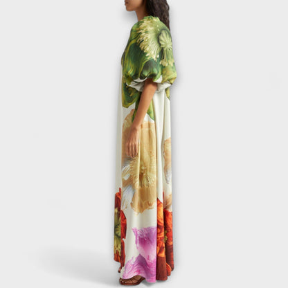 Women's Floral Maxi Dress with Asymmetrical Design and Pockets