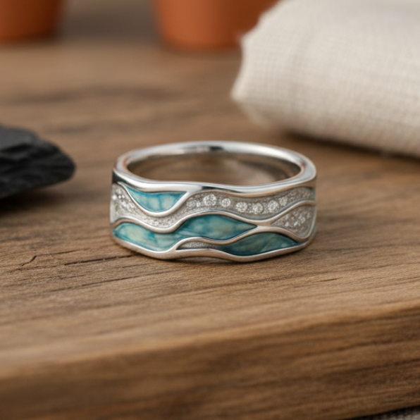 Turquoise Wave-Inspired Silver Ring