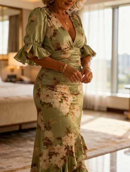 Kassy | Women's Floral Chic Maxi Dress with Ruffle Detail and Ruching