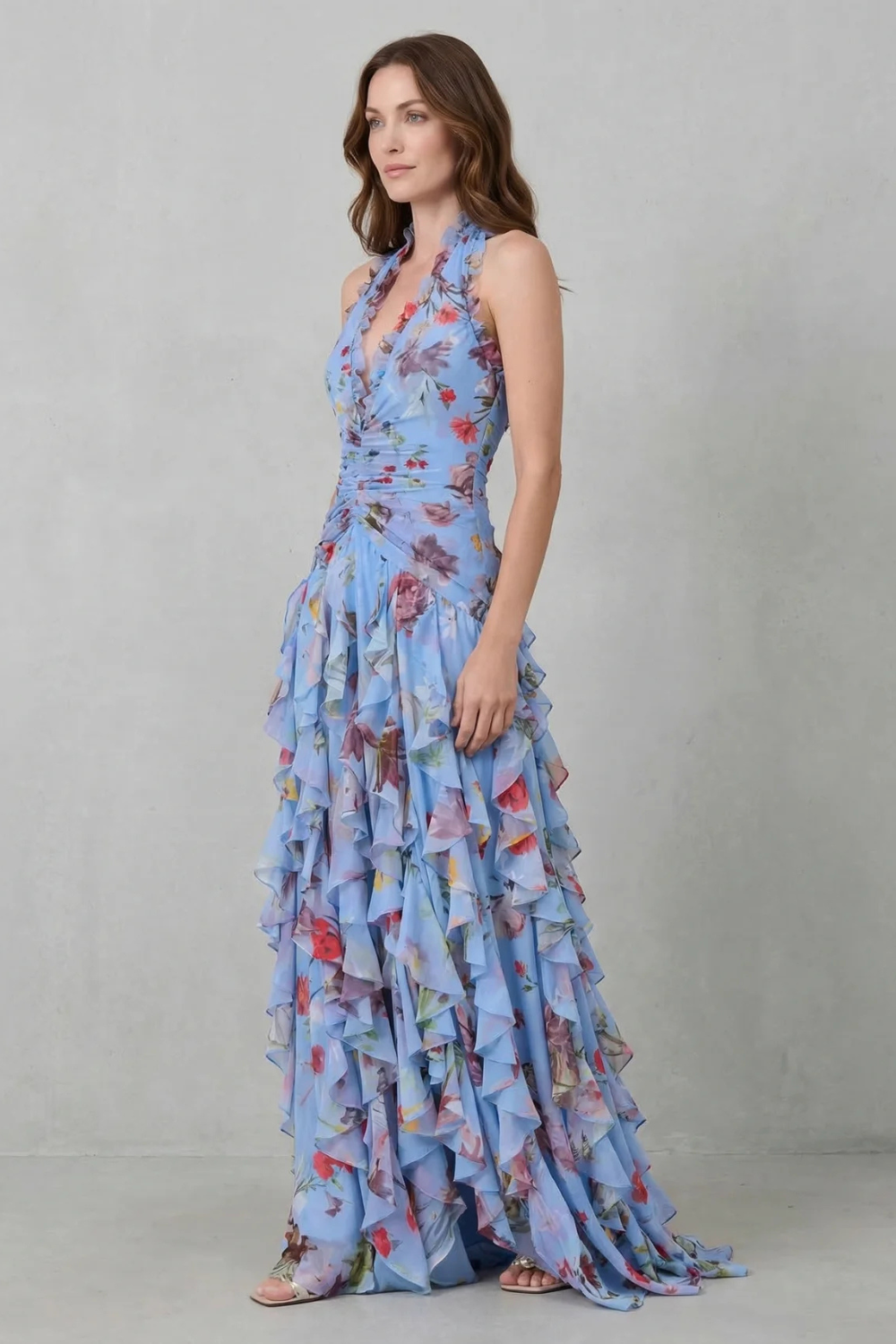 Women's Belladina Enchanting Rose Cascade Halter Maxi Dress