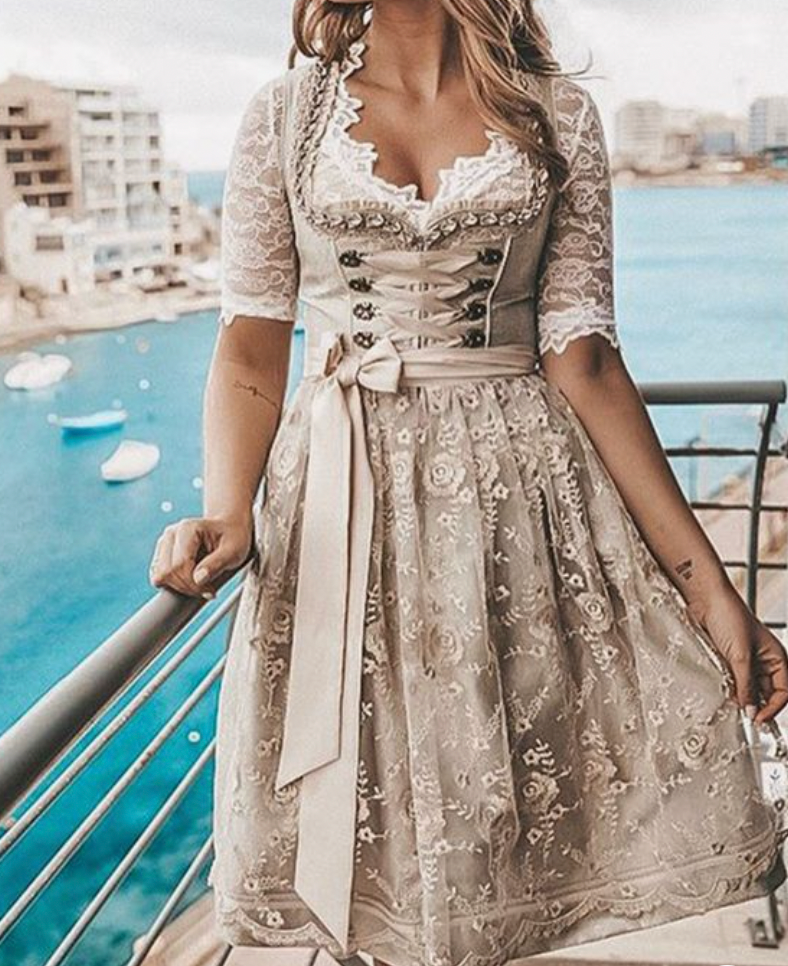 Women's Dirndl Dress with Lace-Up Bodice and Pockets