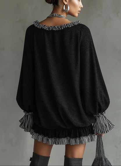 Women's Faux Mini Dress with Black Stripes and Ruffled Details