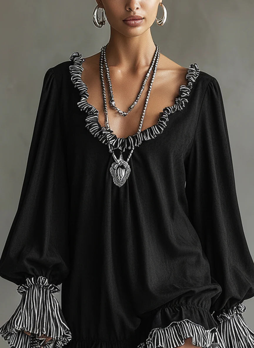 Women's Faux Mini Dress with Black Stripes and Ruffled Details