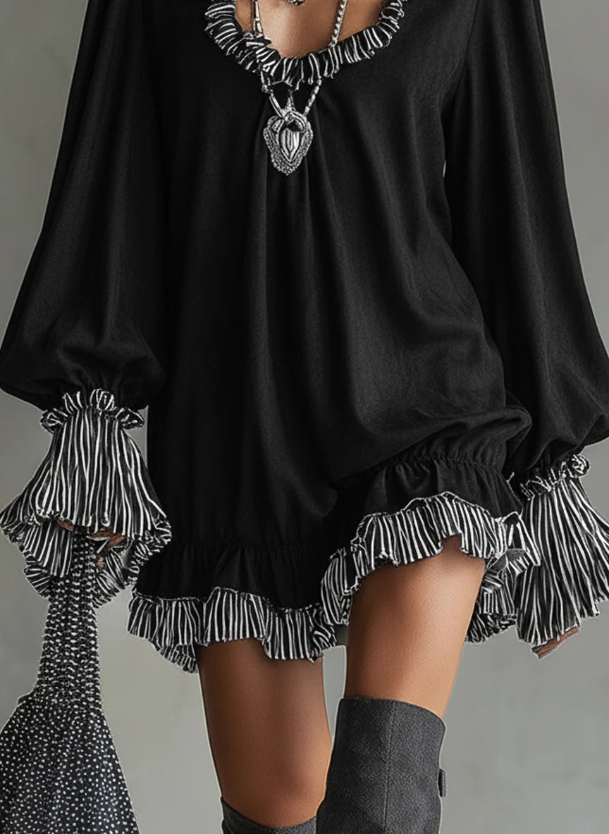 Women's Faux Mini Dress with Black Stripes and Ruffled Details