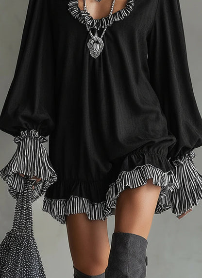 Women's Faux Mini Dress with Black Stripes and Ruffled Details