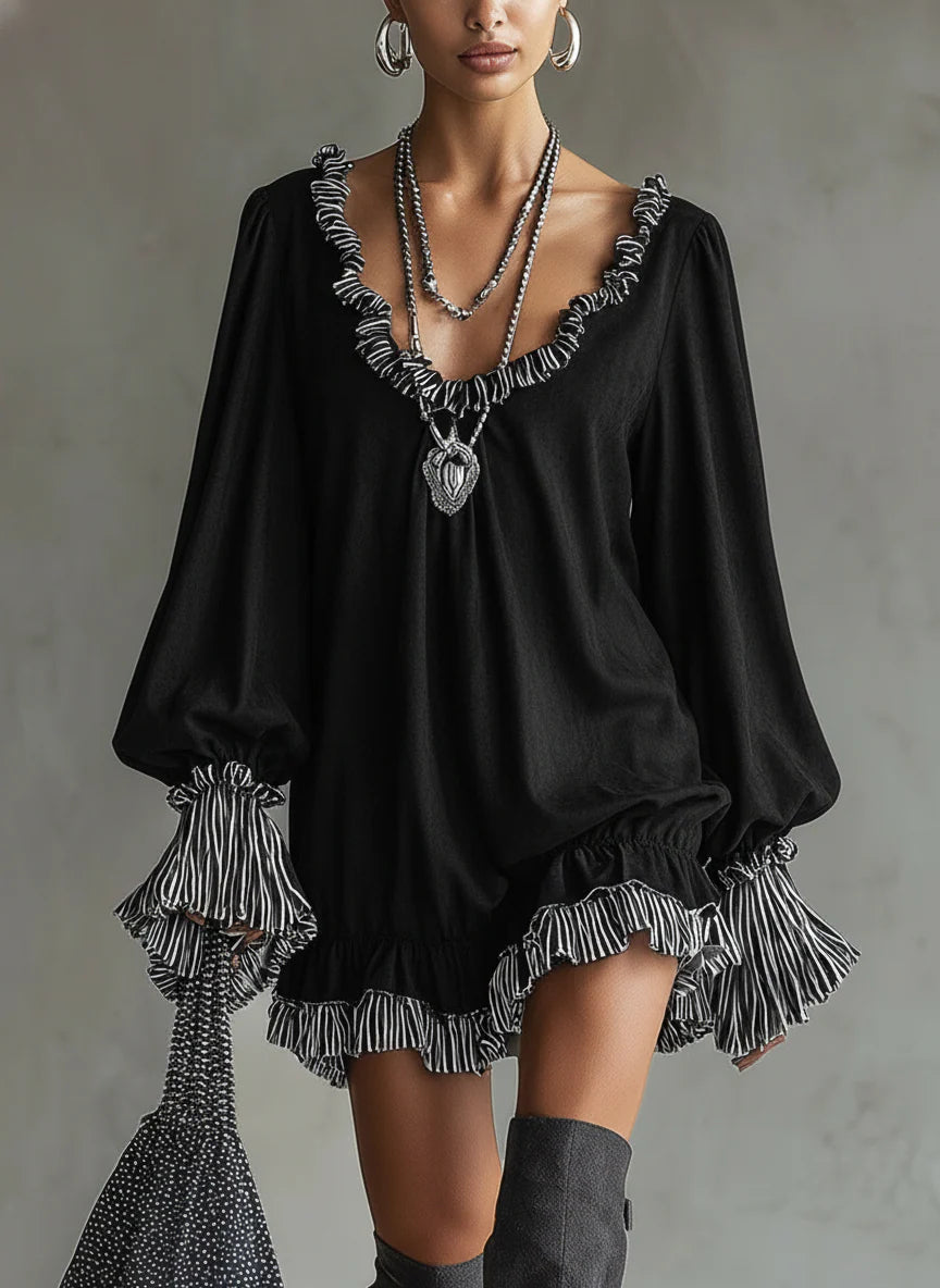 Women's Faux Mini Dress with Black Stripes and Ruffled Details