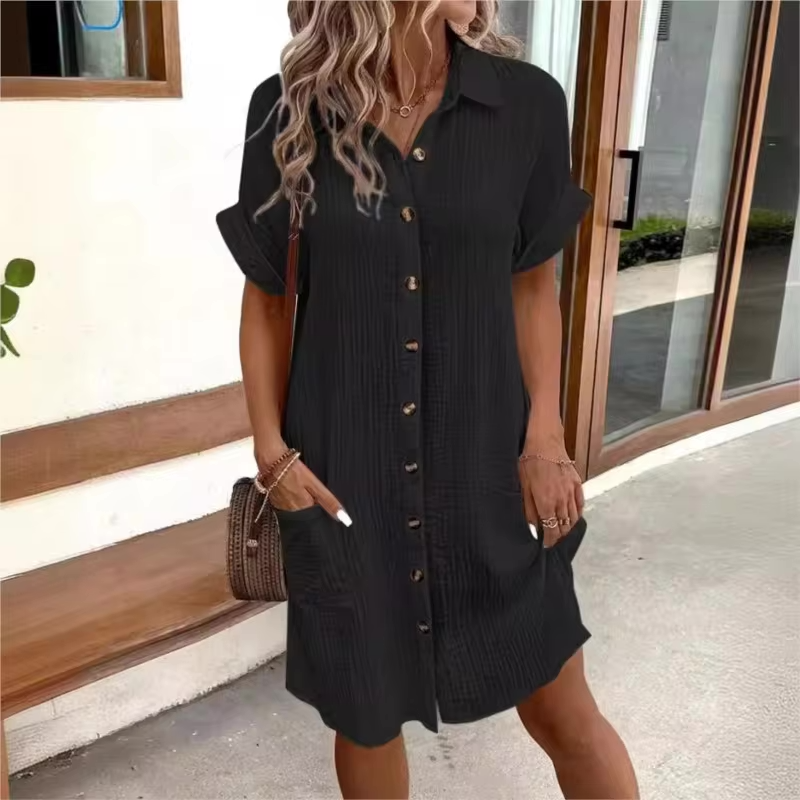 Fenna | Women's Relaxed Effortless Button Midi Dress with Pockets