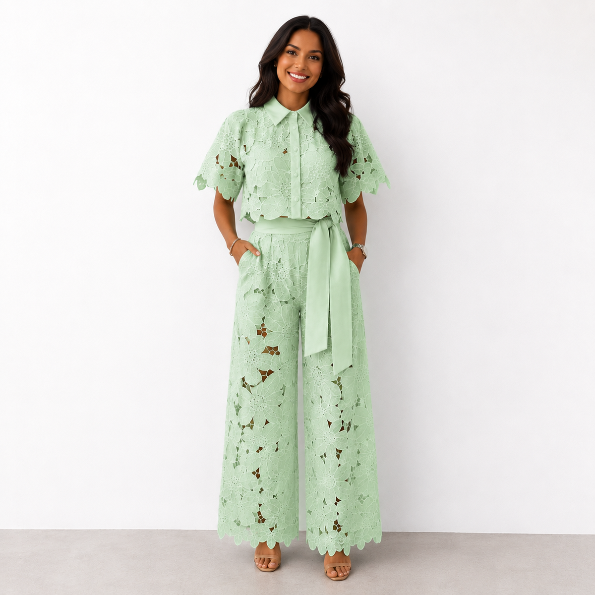 Women's Floral Lace Two-Piece Set with Tied Waist