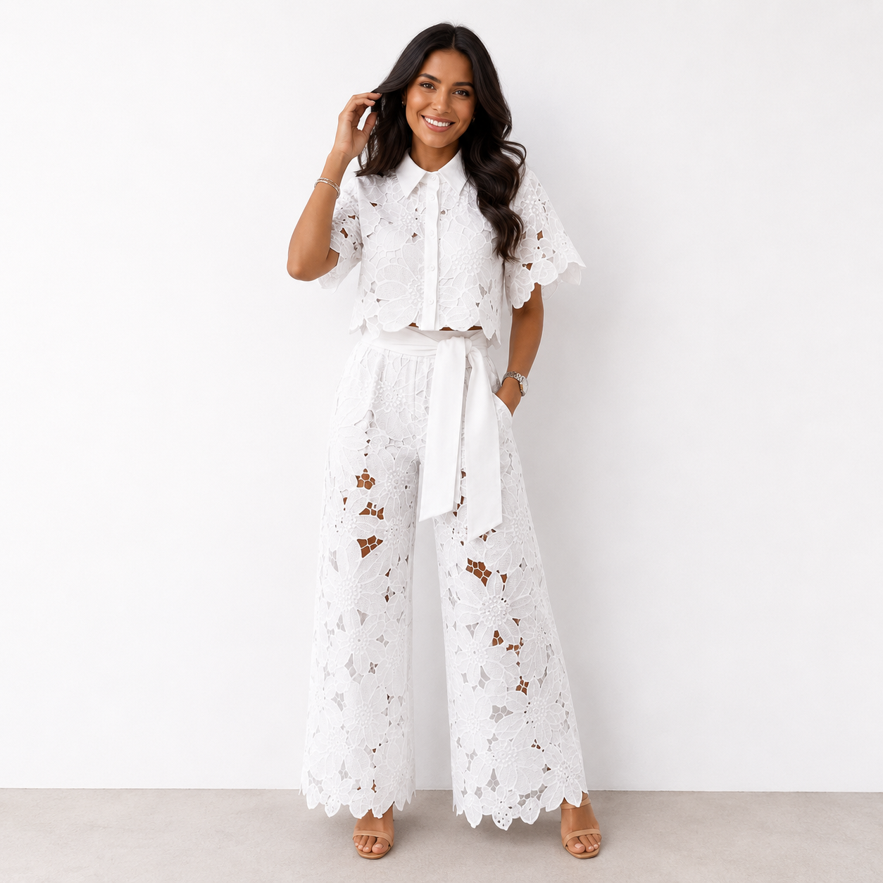 Women's Floral Lace Two-Piece Set with Tied Waist
