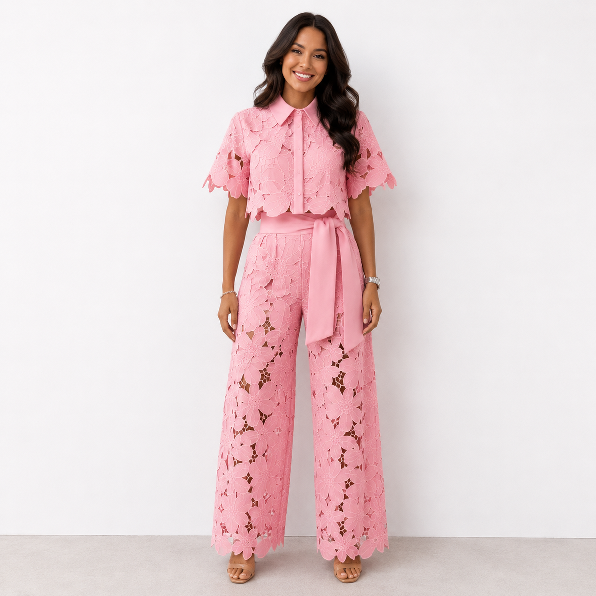 Women's Floral Lace Two-Piece Set with Tied Waist
