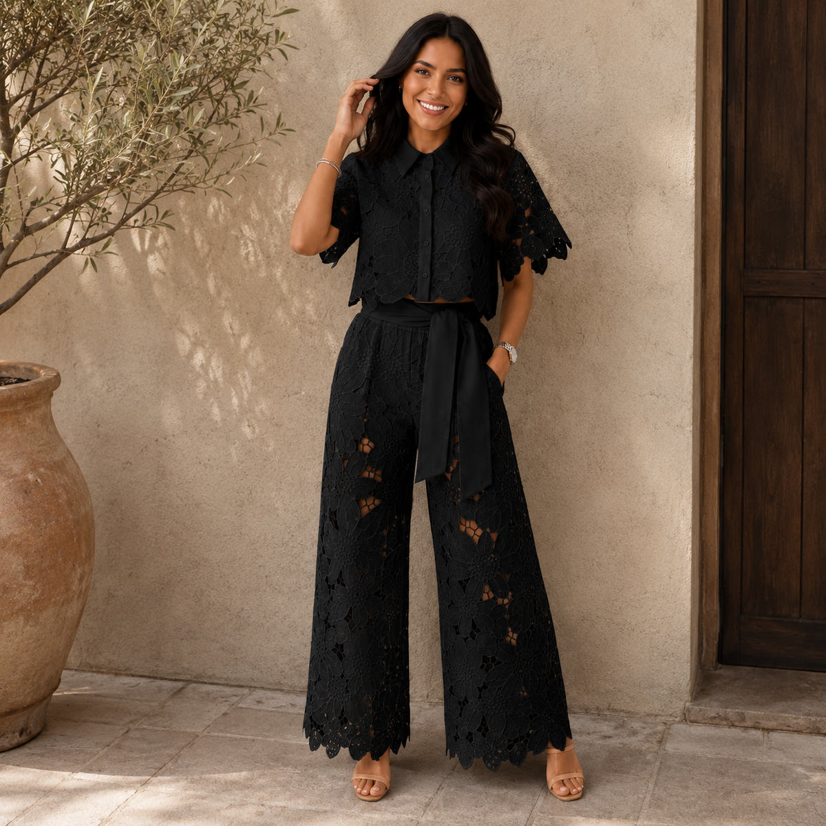 Women's Floral Lace Two-Piece Set with Tied Waist