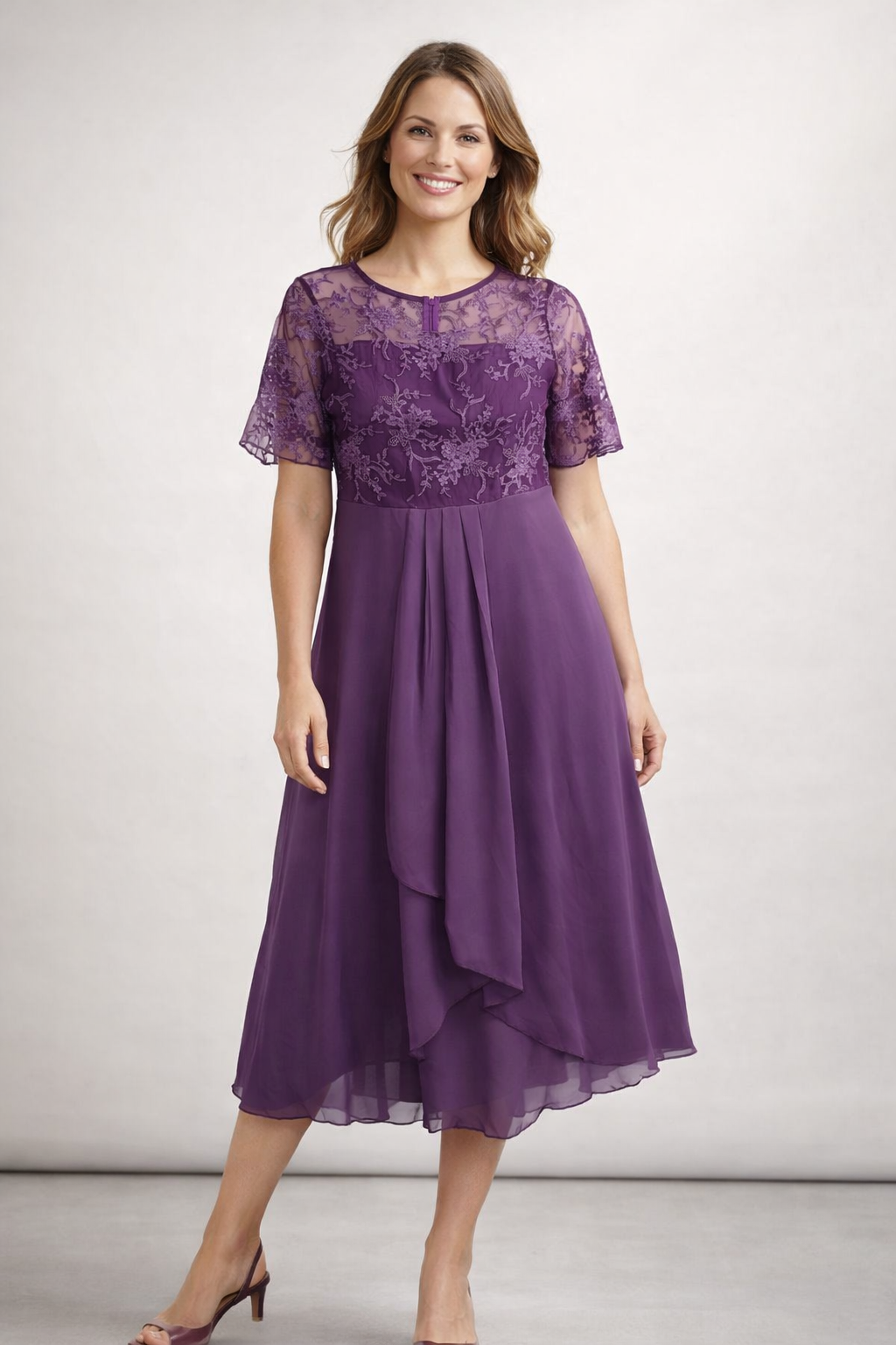 Women's Midi Dress with Floral Lace Top and Short Sleeves