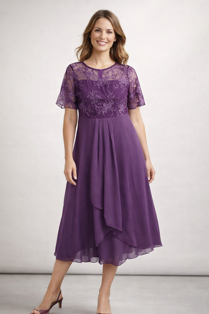 Women's Midi Dress with Floral Lace Top and Short Sleeves