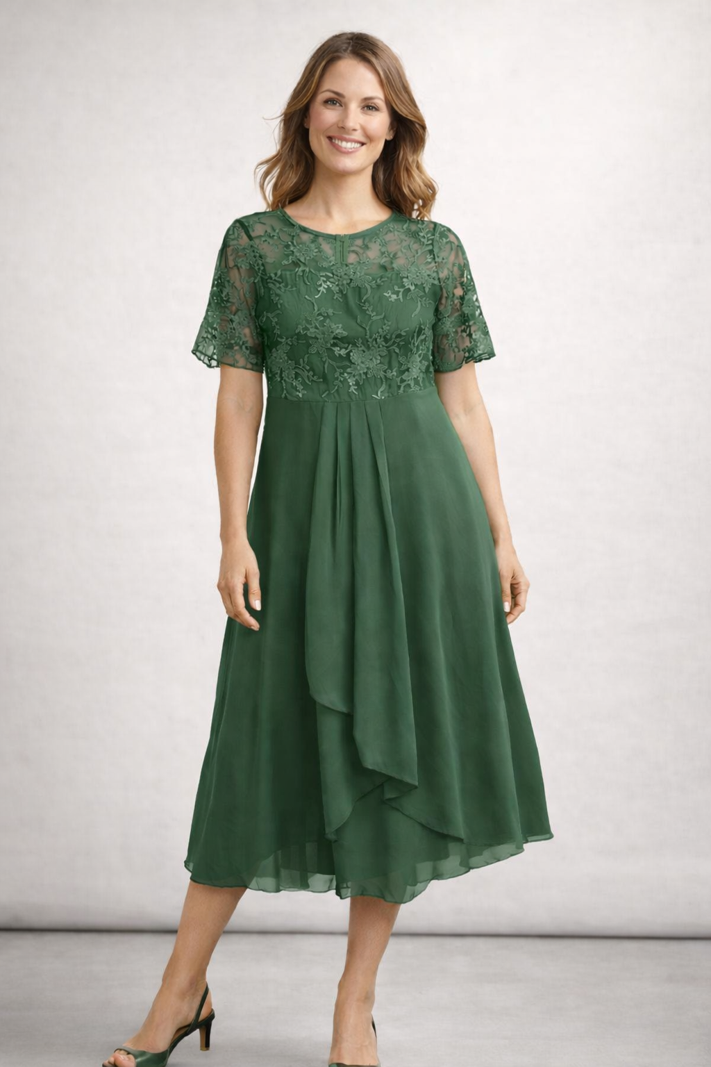 Women's Midi Dress with Floral Lace Top and Short Sleeves