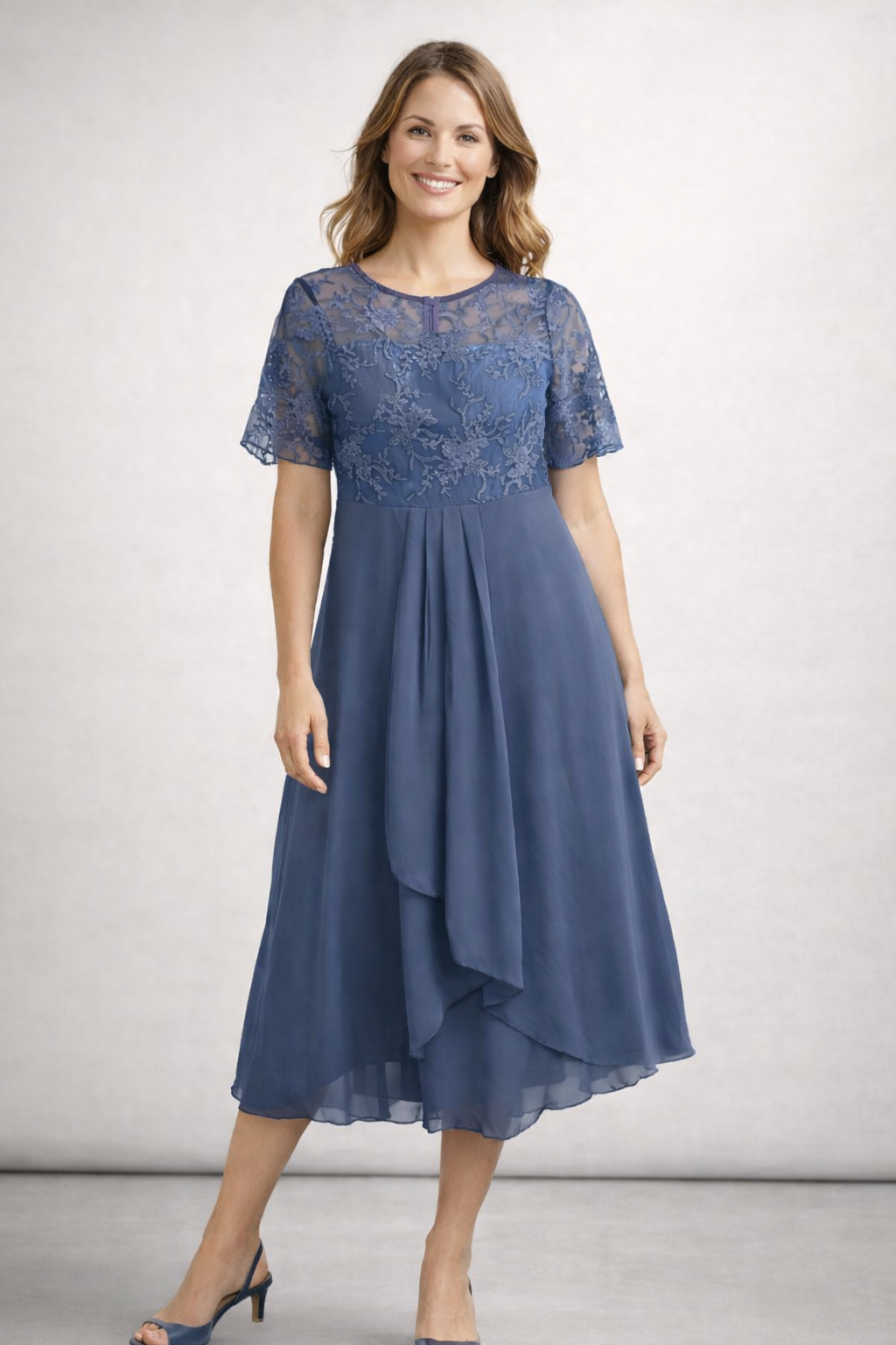 Women's Midi Dress with Floral Lace Top and Short Sleeves