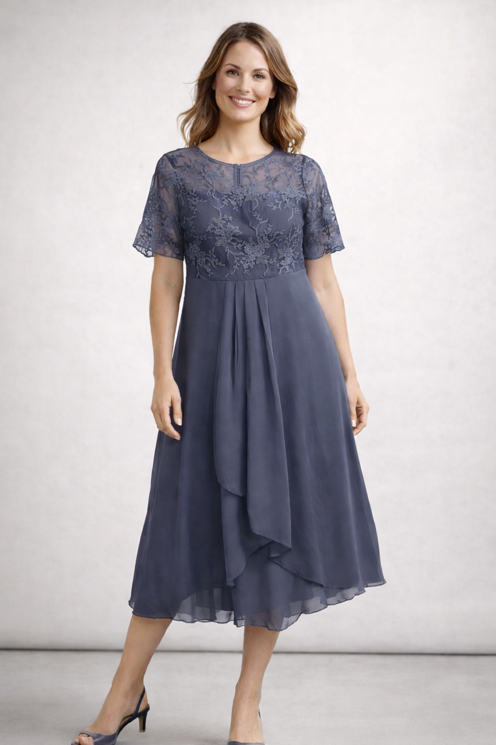 Women's Midi Dress with Floral Lace Top and Short Sleeves