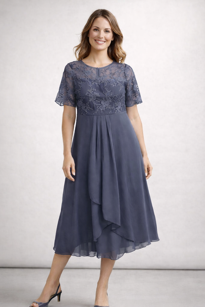Women's Midi Dress with Floral Lace Top and Short Sleeves
