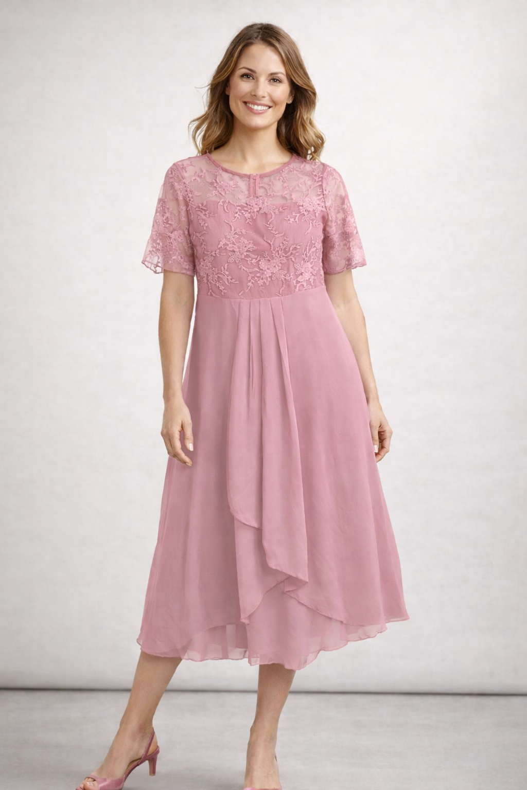 Women's Midi Dress with Floral Lace Top and Short Sleeves