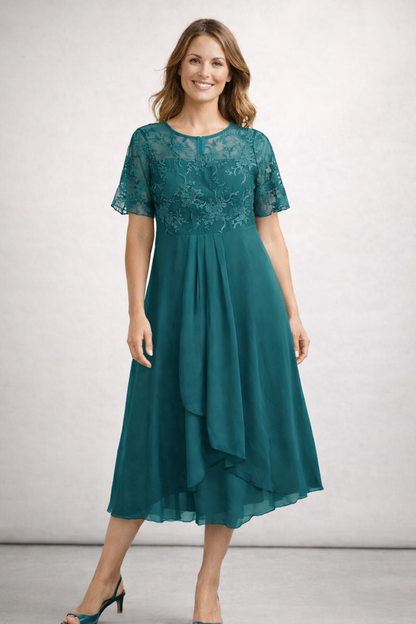 Women's Midi Dress with Floral Lace Top and Short Sleeves