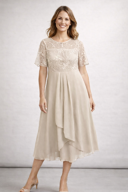 Women's Midi Dress with Floral Lace Top and Short Sleeves