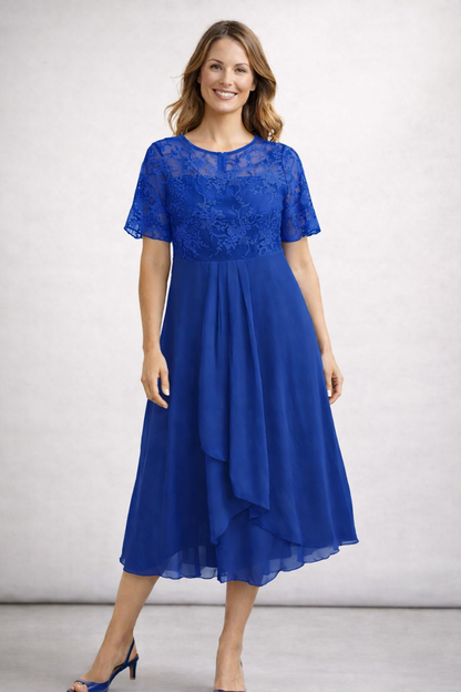 Women's Midi Dress with Floral Lace Top and Short Sleeves