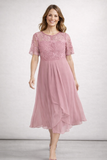Women's Midi Dress with Floral Lace Top and Short Sleeves