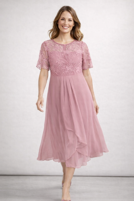 Women's Midi Dress with Floral Lace Top and Short Sleeves