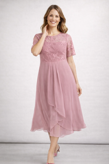 Women's Midi Dress with Floral Lace Top and Short Sleeves