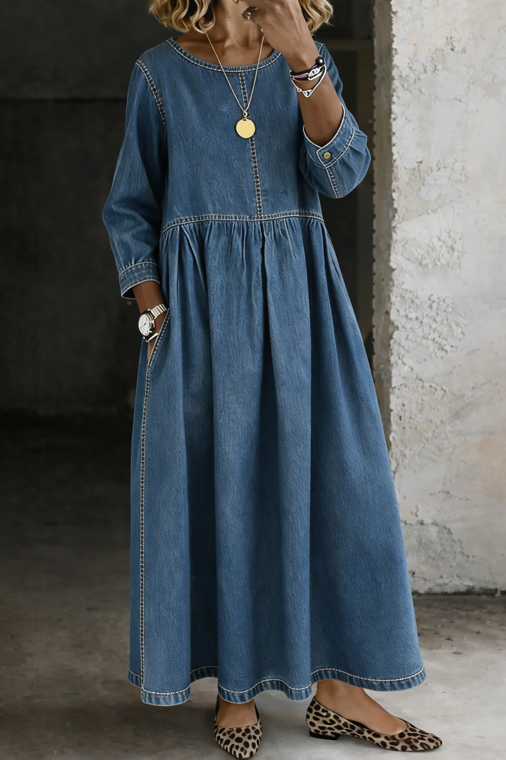 Melissa | Women's Relaxed Long Sleeve Round Neck Maxi Dress with Pockets