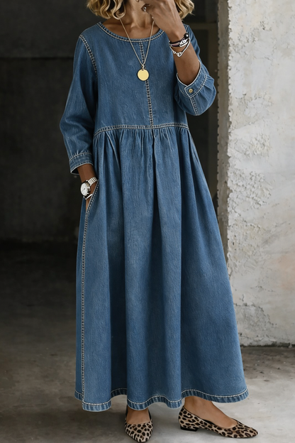 Melissa | Women's Relaxed Long Sleeve Round Neck Maxi Dress with Pockets