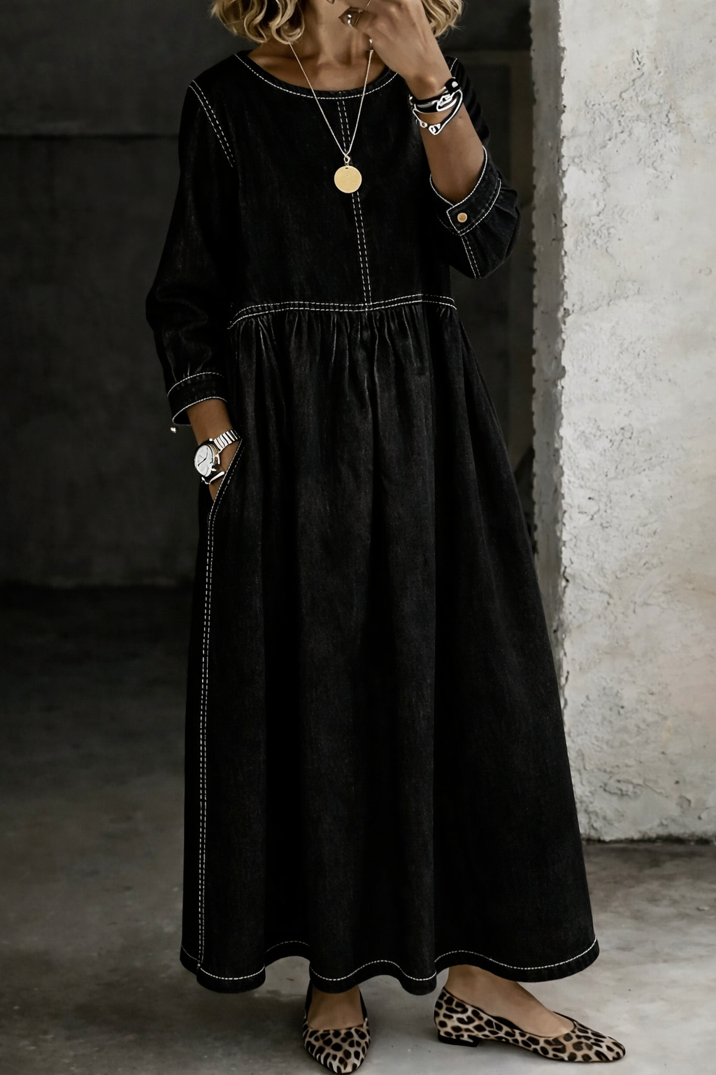Melissa | Women's Relaxed Long Sleeve Round Neck Maxi Dress with Pockets