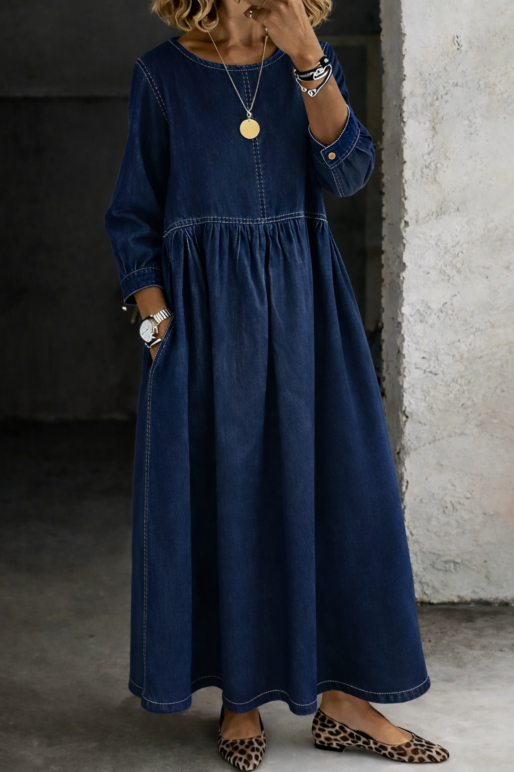 Melissa | Women's Relaxed Long Sleeve Round Neck Maxi Dress with Pockets