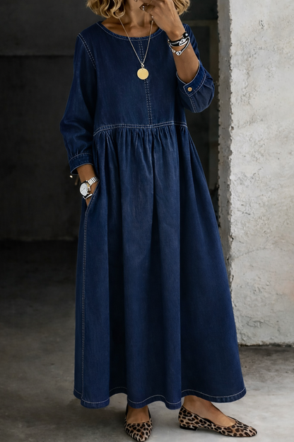 Melissa | Women's Relaxed Long Sleeve Round Neck Maxi Dress with Pockets