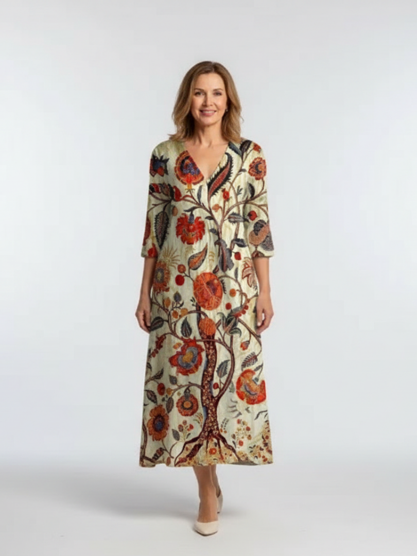 Corisande | Women's Relaxed V Neck Long Sleeve Floral Midi Dress