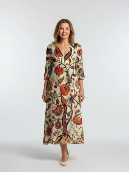 Corisande | Women's Relaxed V Neck Long Sleeve Floral Midi Dress