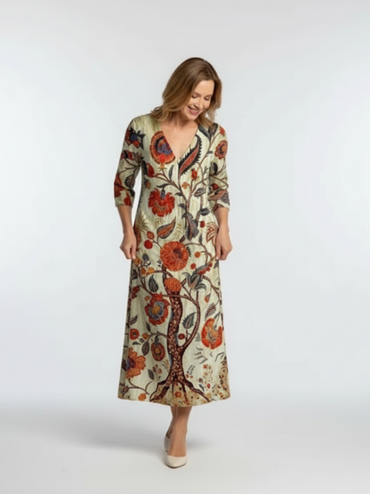 Corisande | Women's Relaxed V Neck Long Sleeve Floral Midi Dress