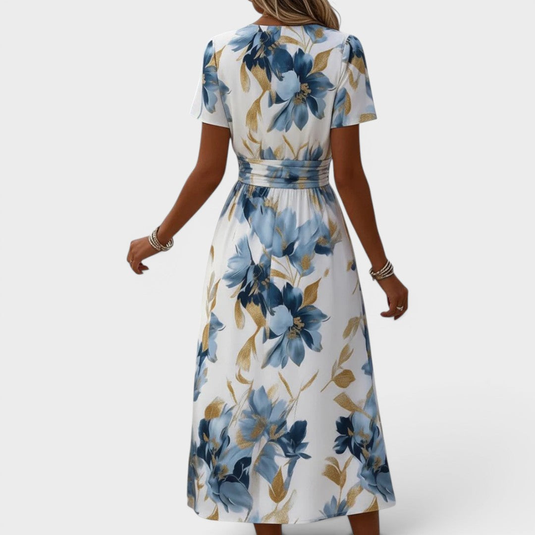 Denise | Women's Midi Dress with Floral Wrap Waist and Ruching
