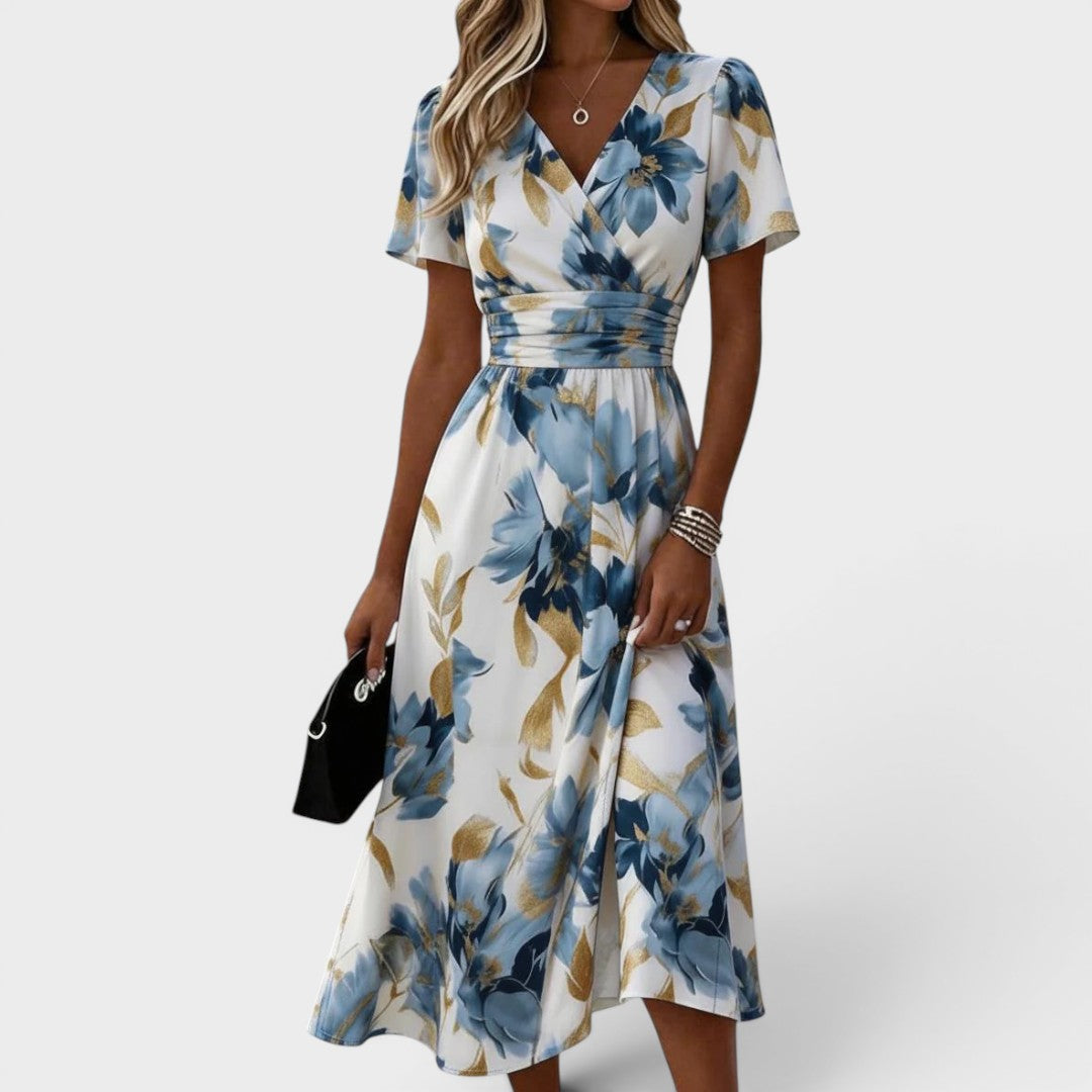 Denise | Women's Midi Dress with Floral Wrap Waist and Ruching