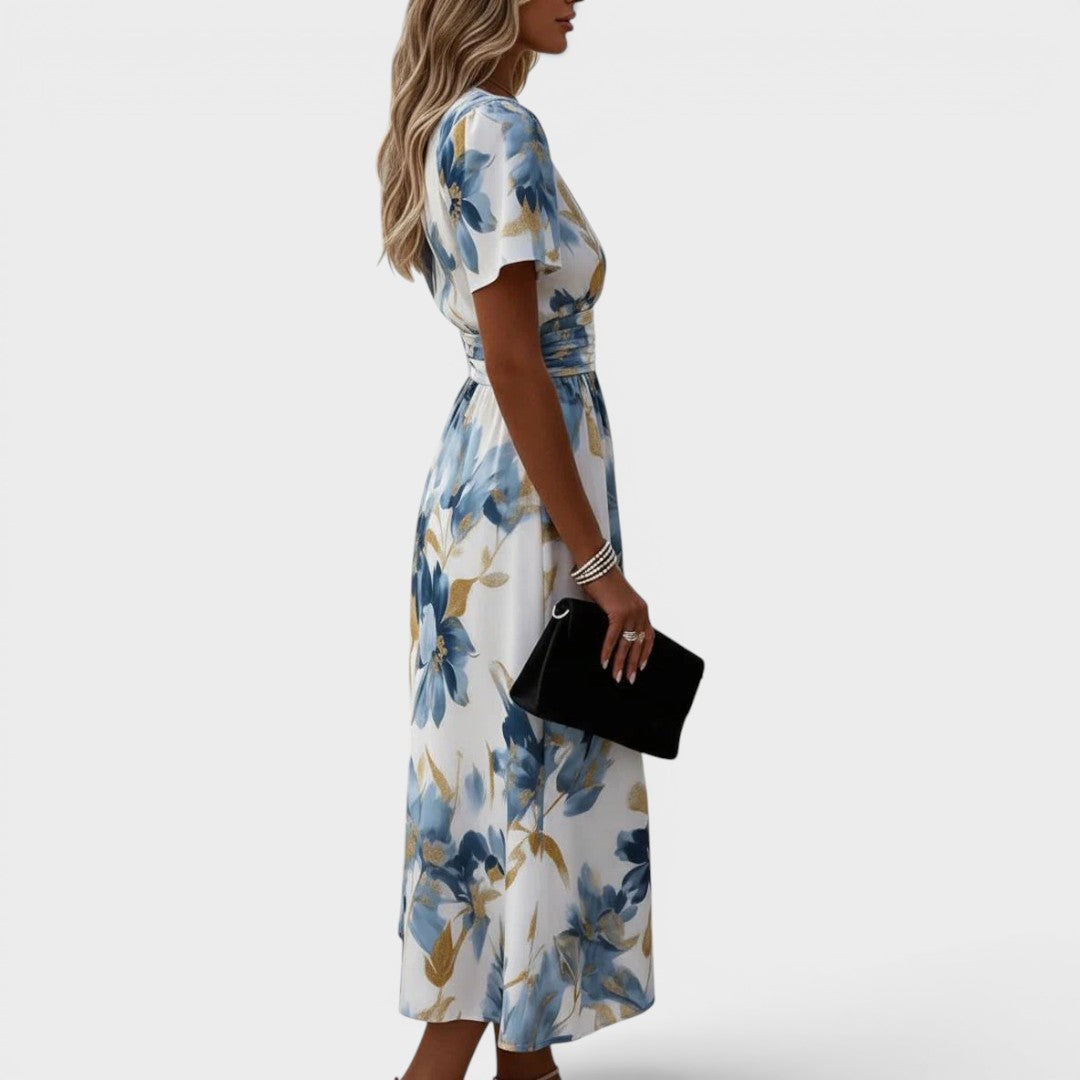 Denise | Women's Midi Dress with Floral Wrap Waist and Ruching
