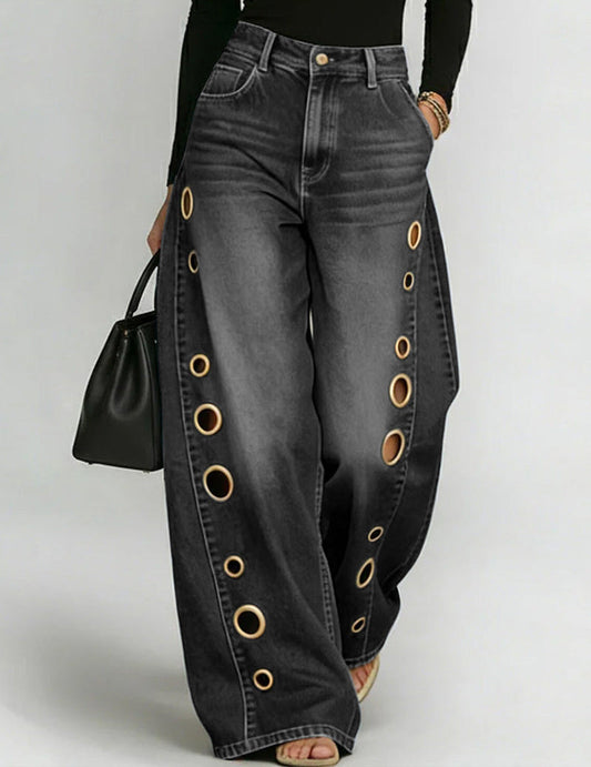 Women's Wide-Leg Denim Trousers Featuring Gold Grommet Side Cutouts