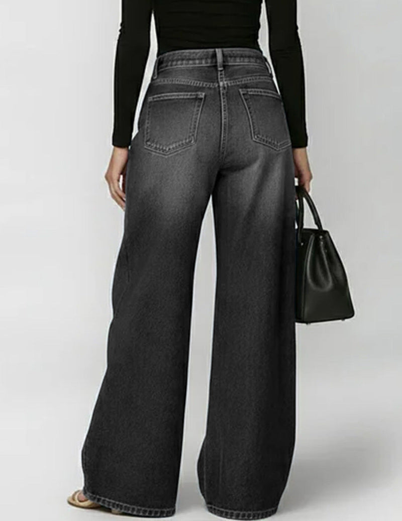 Women's Wide-Leg Denim Trousers Featuring Gold Grommet Side Cutouts
