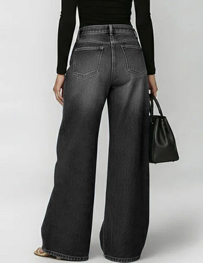 Women's Wide-Leg Denim Trousers Featuring Gold Grommet Side Cutouts
