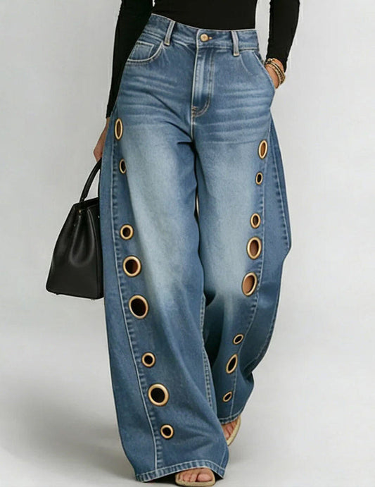 Women's Wide-Leg Denim Trousers Featuring Gold Grommet Side Cutouts