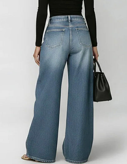 Women's Wide-Leg Denim Trousers Featuring Gold Grommet Side Cutouts