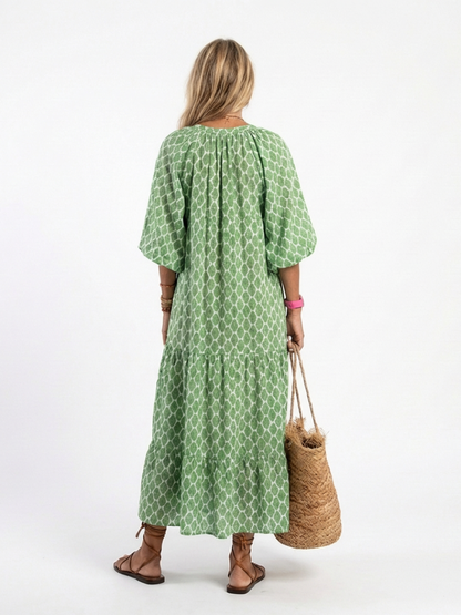 Apolline | Women's Relaxed Three-Quarter Sleeve V-Neck Patterned Midi Dress