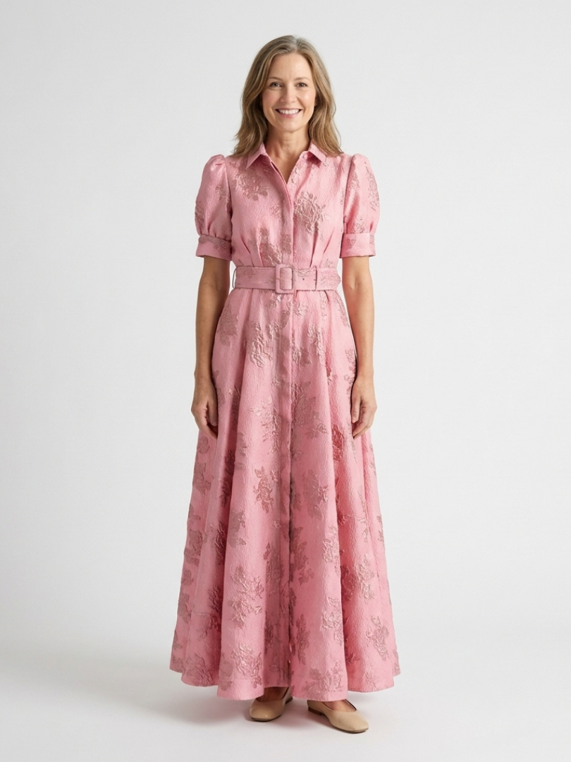 Xanthea | Women's Short Sleeve Belted Floral Textured Maxi Shirt Dress