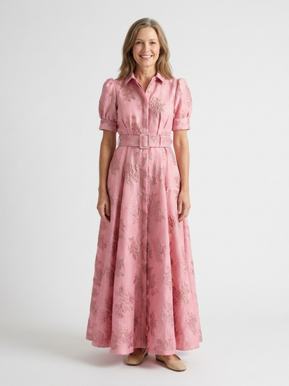 Xanthea | Women's Short Sleeve Belted Floral Textured Maxi Shirt Dress