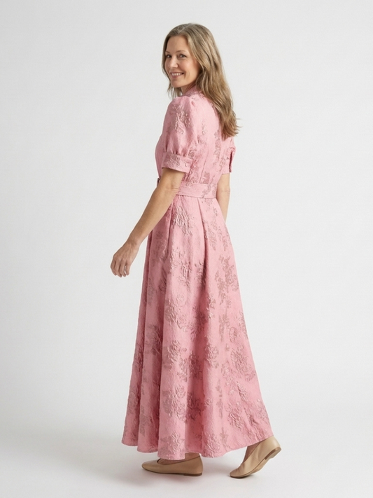 Xanthea | Women's Short Sleeve Belted Floral Textured Maxi Shirt Dress