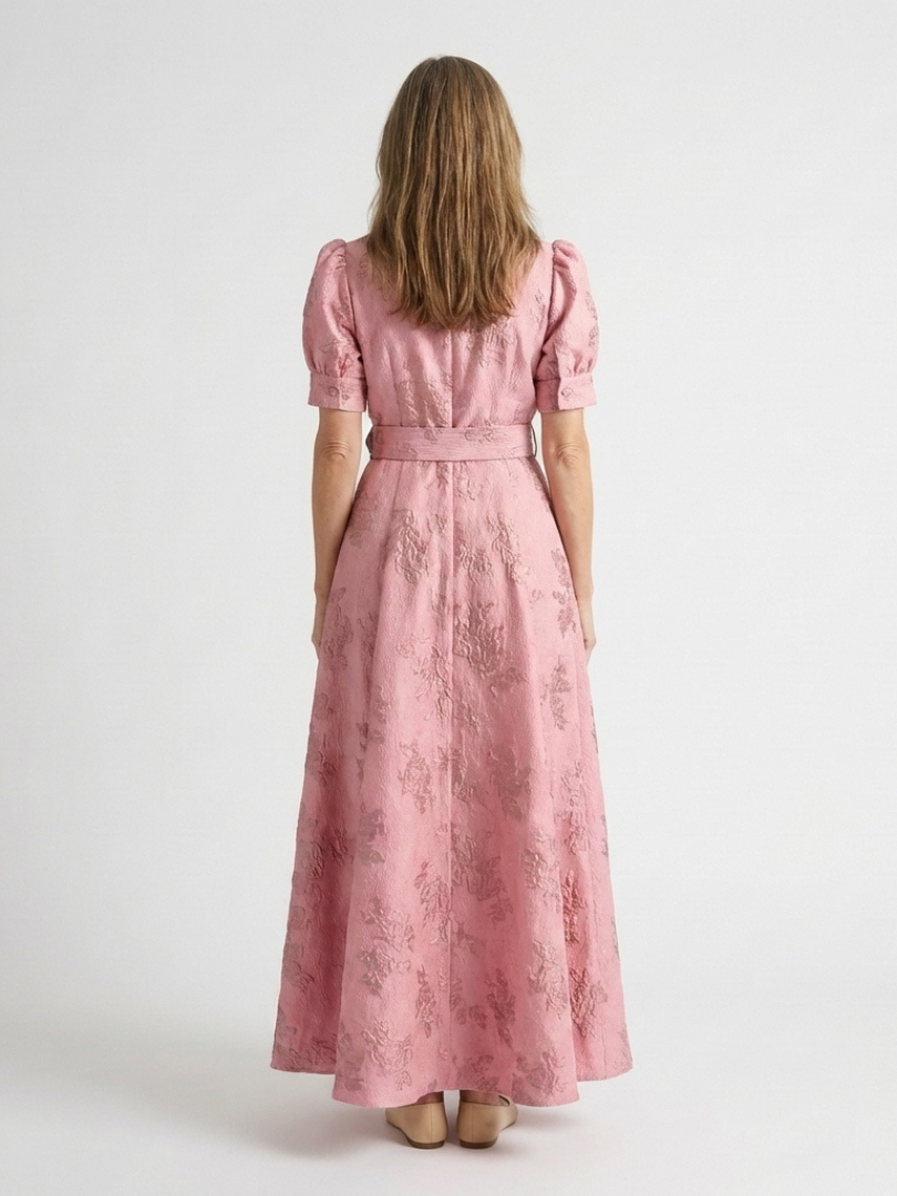 Xanthea | Women's Short Sleeve Belted Floral Textured Maxi Shirt Dress